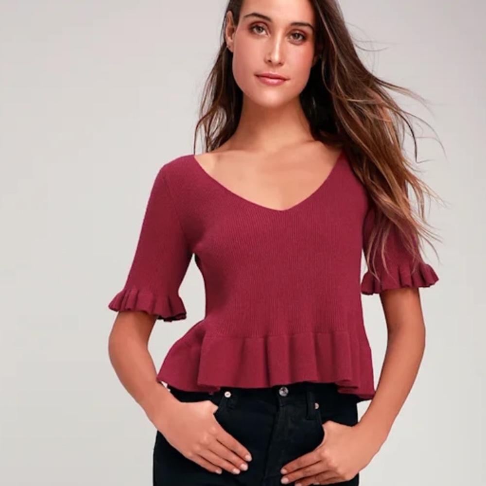 Lulus Katya Burgundy Ruffled Short Sleeve Sweater Top, Size S